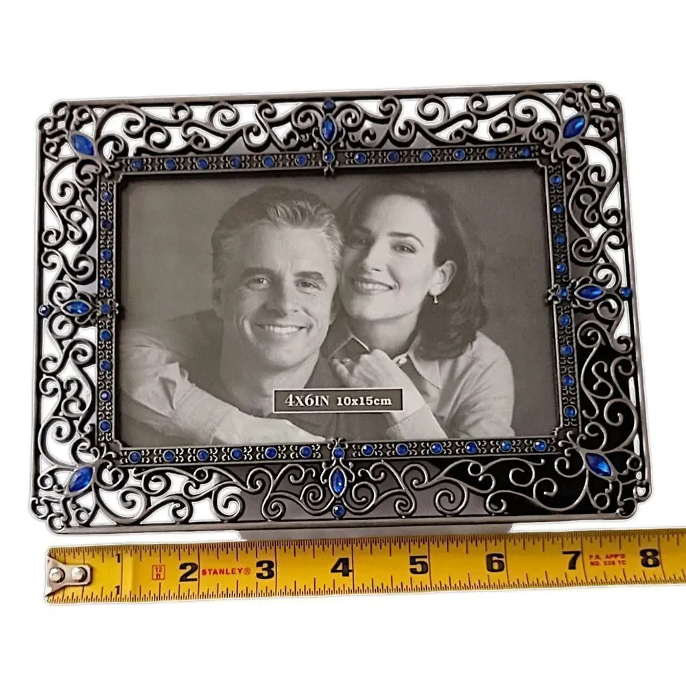 Picture Frame Ornate Metal Jewels Rhinestone Photo 4x6 Silver Tone Fairy Cottage